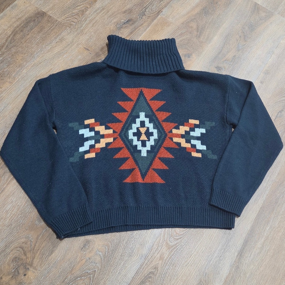 Rock & Roll Denim Womens Navy Blue Southwestern Turtleneck Sweater L